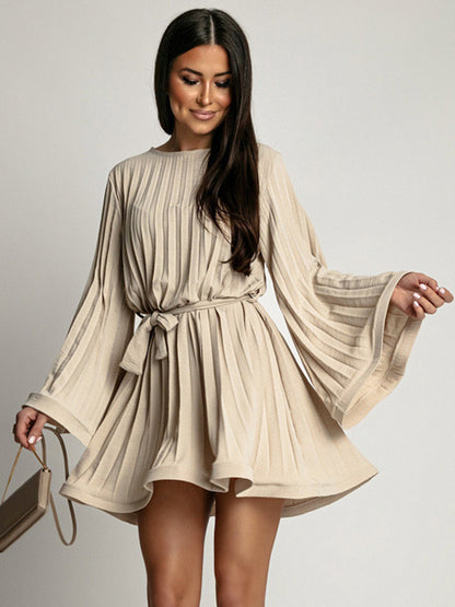 Skater Dresses Jewel Neck Long Sleeves Lace Up Chic Flared Dress Mini Dresses