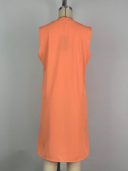 Loose Sleeveless Pleated Solid Color V-neck Mini Dresses