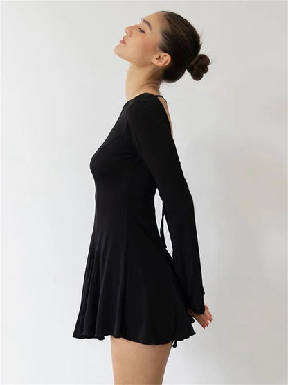 Tossy Ruffled Lace-Up Backless Mini Dress For Women Long Sleeve Bandage Elegant High Waist Long Sleeve Dress New Solid Clothes