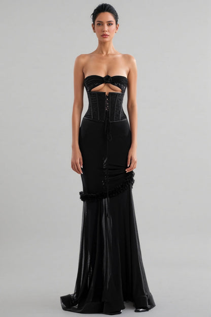 Rykelf Black Embroidered 3D Flower Maxi Dress