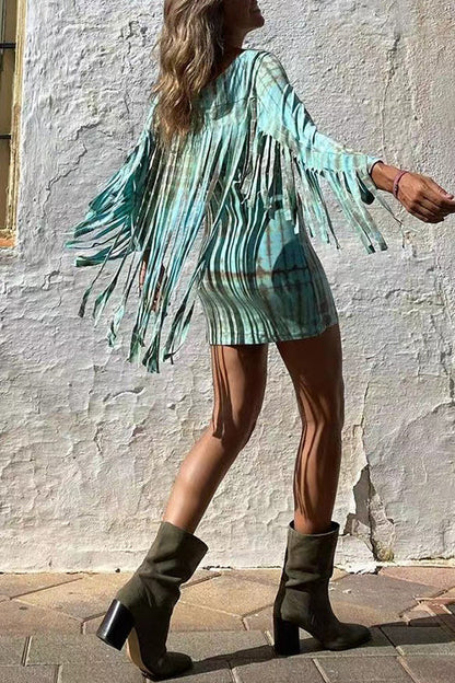Tie Dye Long Sleeves Tassle Mini Dress