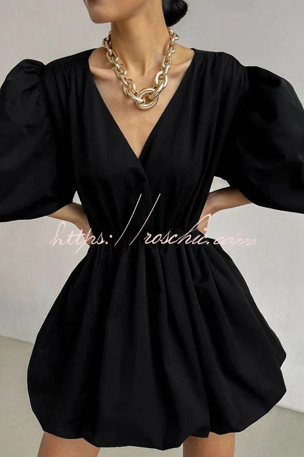 Solid Color Sexy V-neck Lantern Sleeve Waist Mini Dress