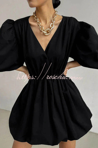 Solid Color Sexy V-neck Lantern Sleeve Waist Mini Dress