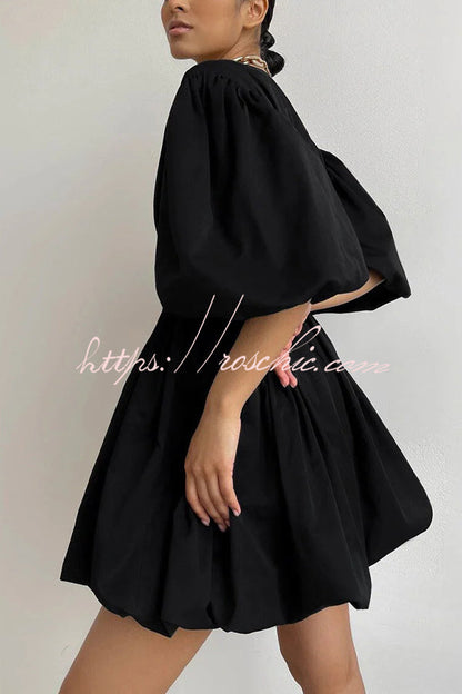 Solid Color Sexy V-neck Lantern Sleeve Waist Mini Dress
