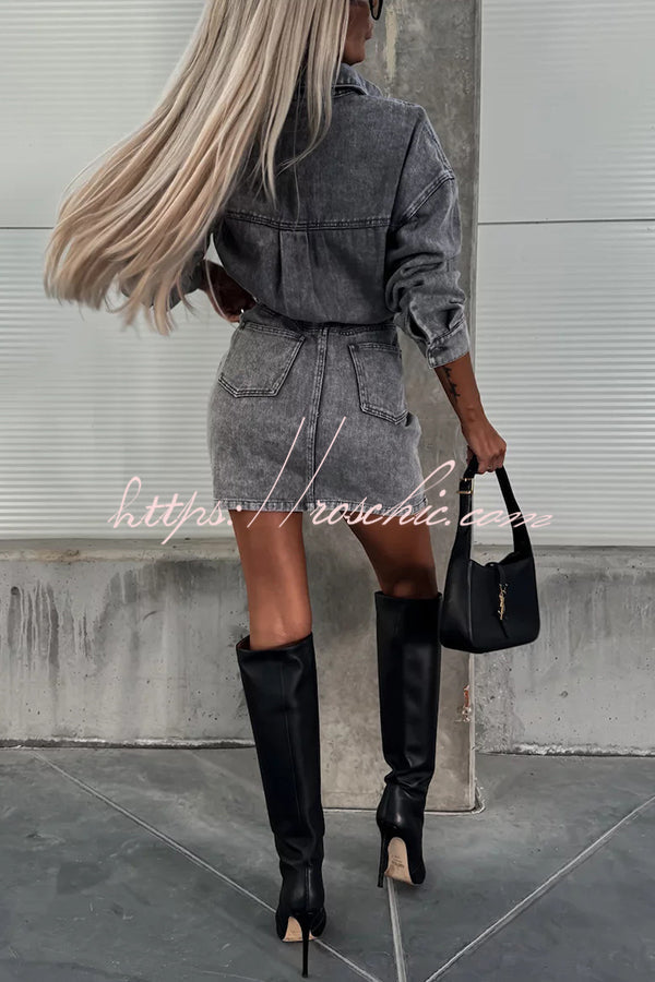 Adele Denim Button Up Belt Pocketed Long Sleeve Mini Dress