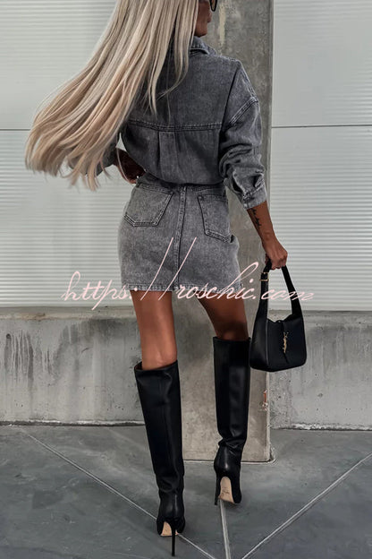 Adele Denim Button Up Belt Pocketed Long Sleeve Mini Dress