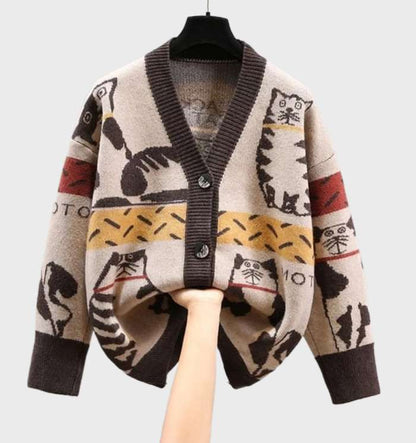 Cárdigan de punto elegante con estampado de gatitos y botones para mujer | Ideal para cualquier temporada