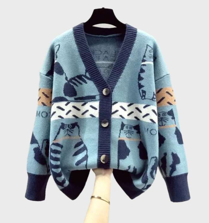 Cárdigan de punto elegante con estampado de gatitos y botones para mujer | Ideal para cualquier temporada