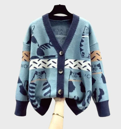 Cárdigan de punto elegante con estampado de gatitos y botones para mujer | Ideal para cualquier temporada