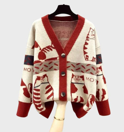 Cárdigan de punto elegante con estampado de gatitos y botones para mujer | Ideal para cualquier temporada