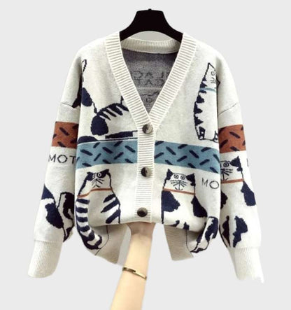 Cárdigan de punto elegante con estampado de gatitos y botones para mujer | Ideal para cualquier temporada