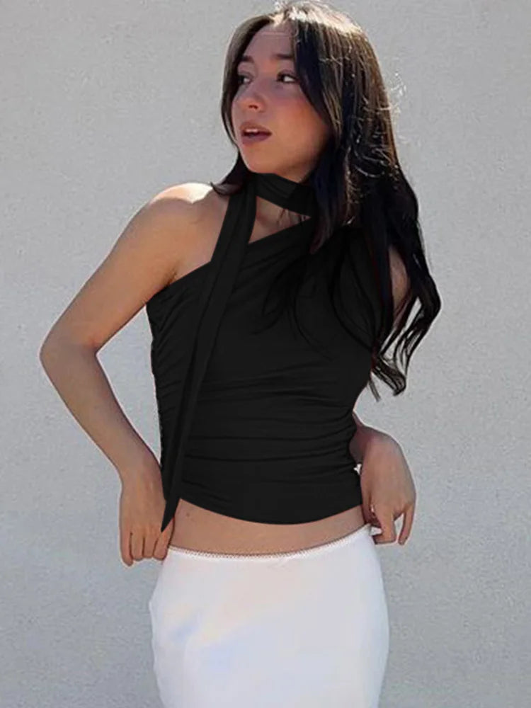 Backless Sexy Off Shoulder Halter Tank Tops Women Vintage Sleeveless Crop Top Y2K Clothes Club Female Casual Summer 2025