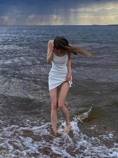 White Spaghetti Strap Sleeveless Aesthetic Beach Wear Mini Dress