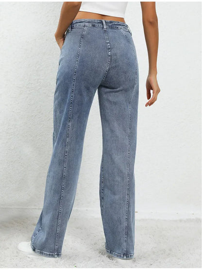 Ladies Fashion Blue Wide Leg Trousers For Women Mid Waisted Loose Casual Straight Denim Jeans