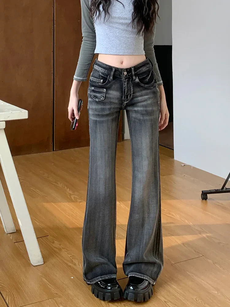 Retro Flare Women Y2k Streetwear Casual Fashion Washed Black 2025 New Jeans