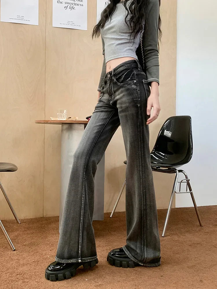 Retro Flare Women Y2k Streetwear Casual Fashion Washed Black 2025 New Jeans