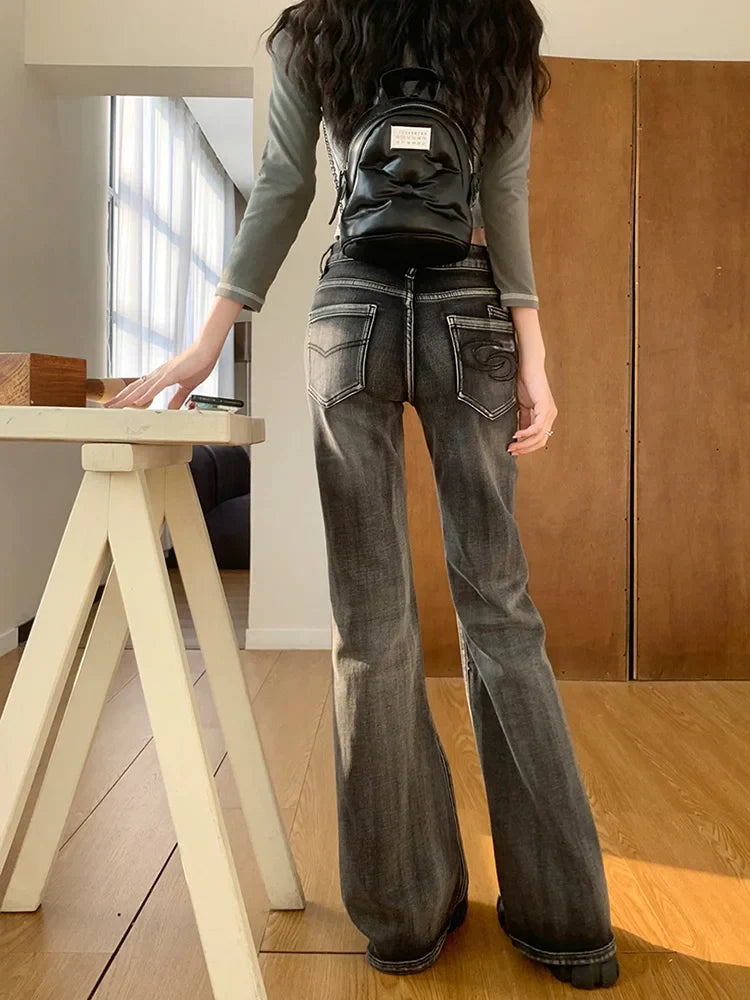 Retro Flare Women Y2k Streetwear Casual Fashion Washed Black 2025 New Jeans