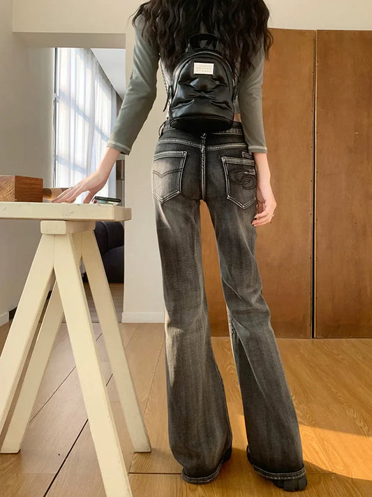 Retro Flare Women Y2k Streetwear Casual Fashion Washed Black 2025 New Jeans