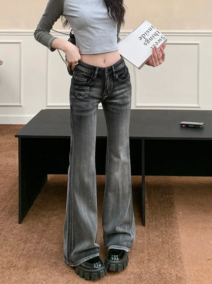 Retro Flare Women Y2k Streetwear Casual Fashion Washed Black 2025 New Jeans