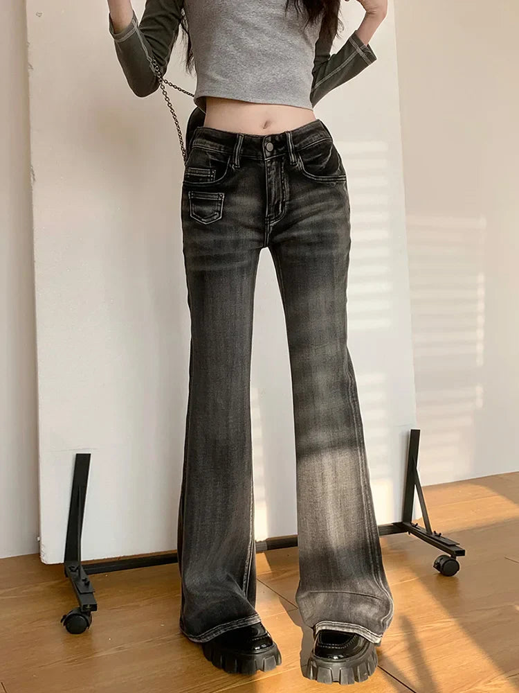 Retro Flare Women Y2k Streetwear Casual Fashion Washed Black 2025 New Jeans
