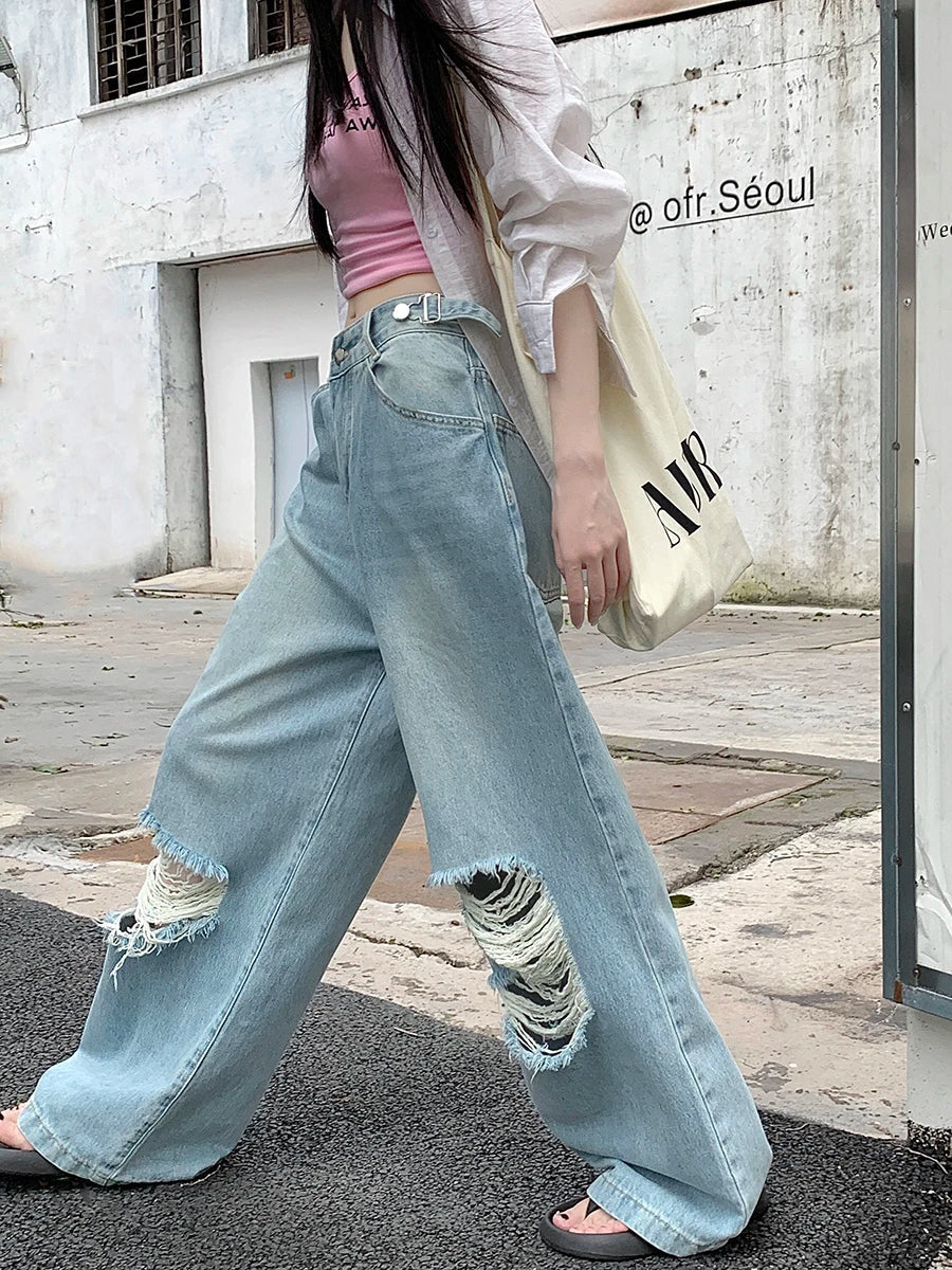 Retro Wide Leg Women Street Ripped Waist Adjustable Washed Denim Jeans