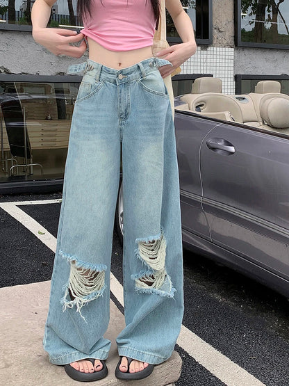 Retro Wide Leg Women Street Ripped Waist Adjustable Washed Denim Jeans