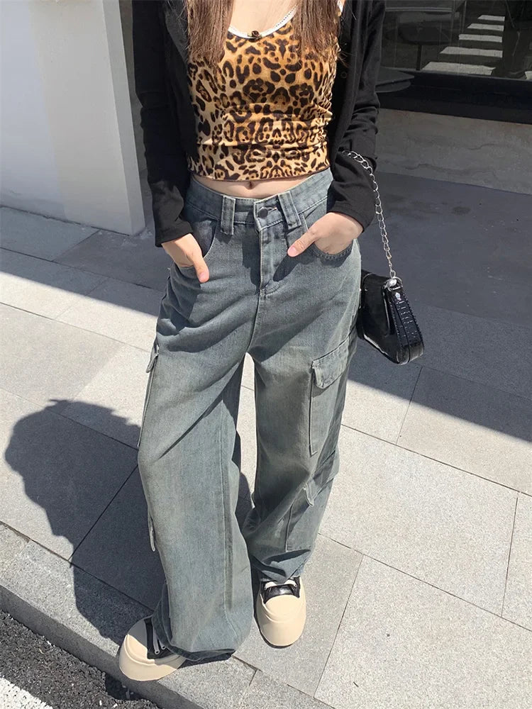 Washed Cargo Women Street Retro Wide Leg Pants High Waist Denim Long Jeans