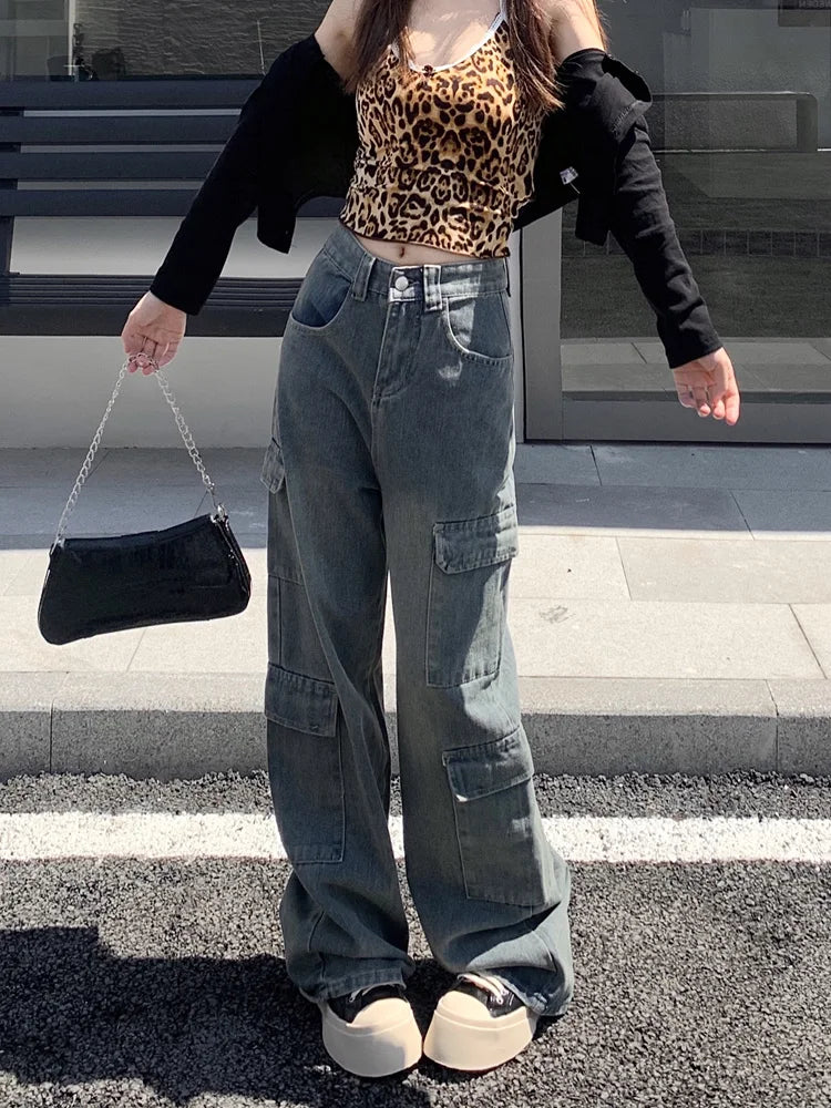 Washed Cargo Women Street Retro Wide Leg Pants High Waist Denim Long Jeans