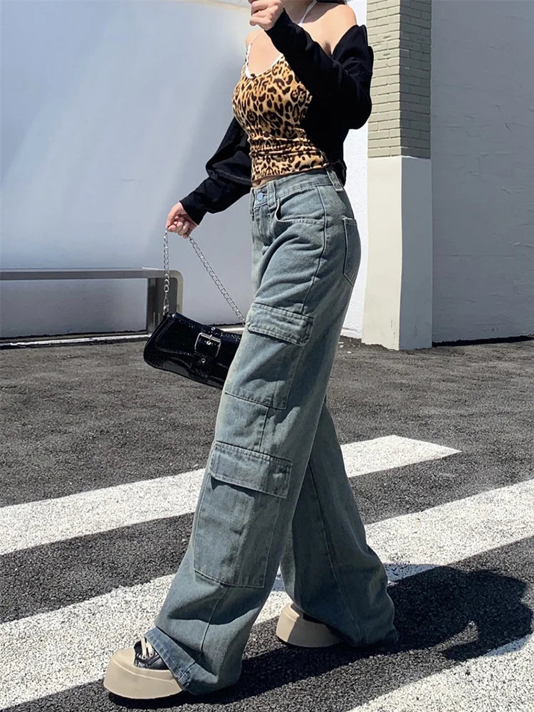 Washed Cargo Women Street Retro Wide Leg Pants High Waist Denim Long Jeans