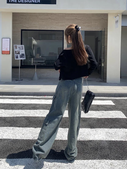 Washed Cargo Women Street Retro Wide Leg Pants High Waist Denim Long Jeans