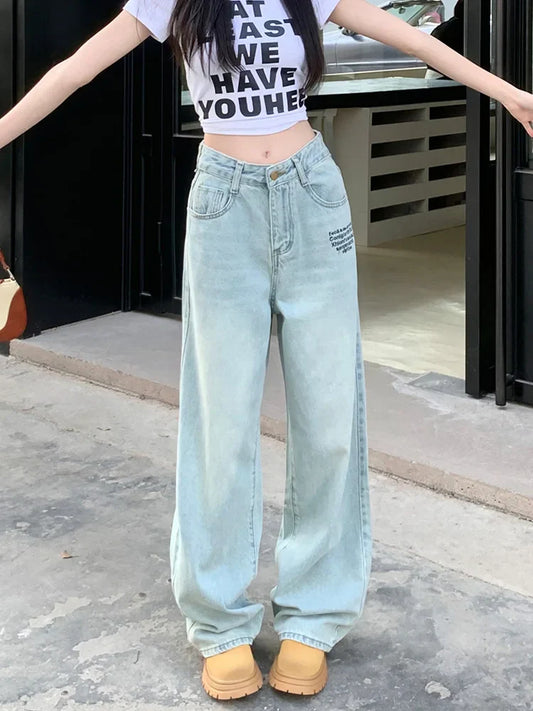 Vintage Embroidered Straight For Women 2025 Spring Streetwear High Waist Long Jeans
