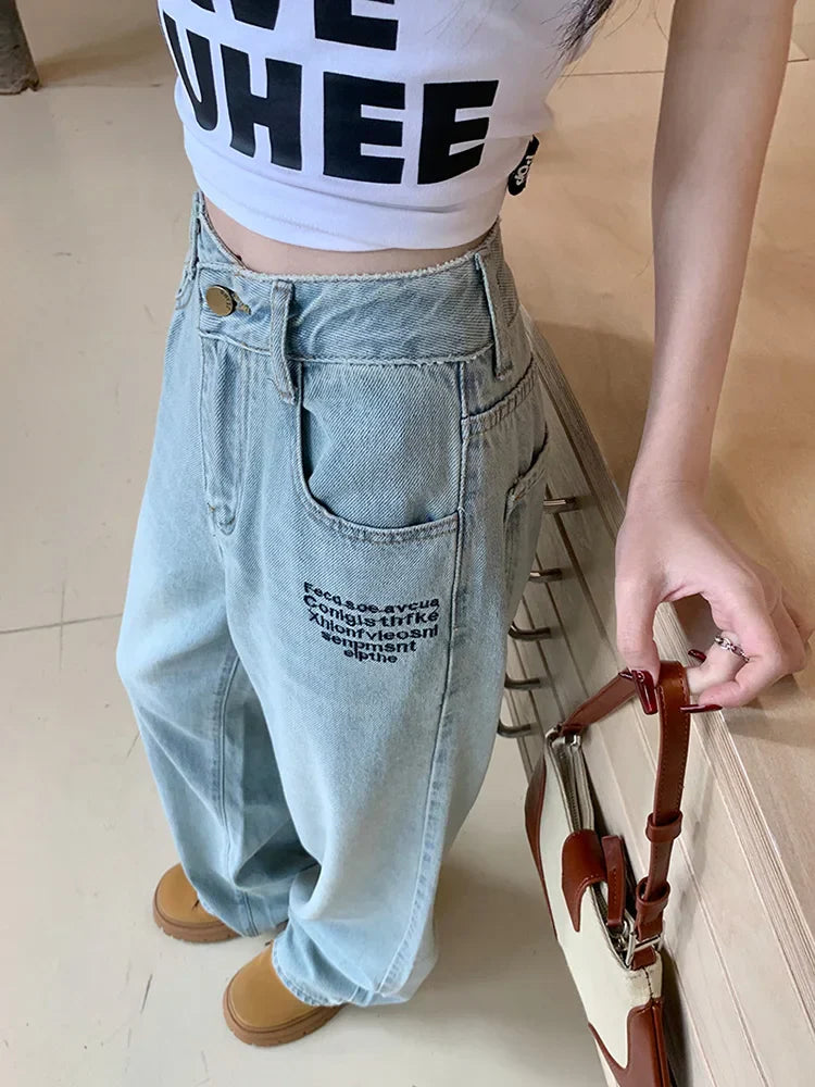 Vintage Embroidered Straight For Women 2025 Spring Streetwear High Waist Long Jeans