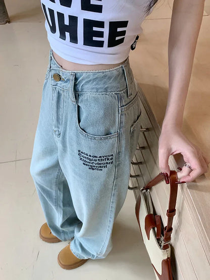 Vintage Embroidered Straight For Women 2025 Spring Streetwear High Waist Long Jeans