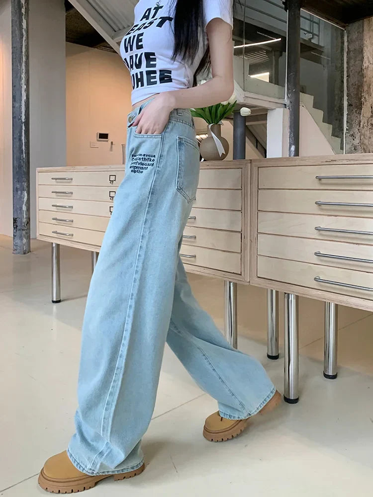 Vintage Embroidered Straight For Women 2025 Spring Streetwear High Waist Long Jeans