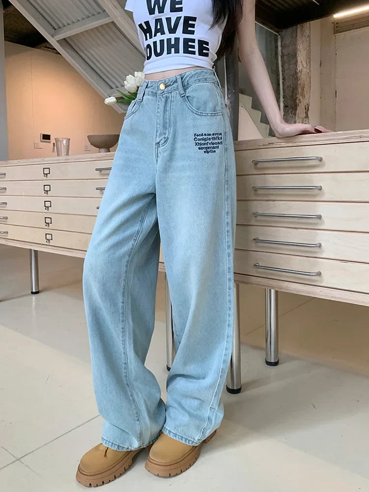 Vintage Embroidered Straight For Women 2025 Spring Streetwear High Waist Long Jeans