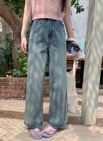 Women's Diamond High Waist Washed Casual Streetwear Blue Retro Straight Wide-Leg 2025 Jeans
