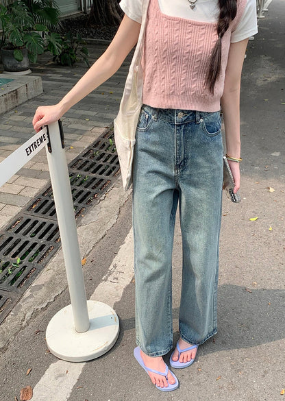 Women's Diamond High Waist Washed Casual Streetwear Blue Retro Straight Wide-Leg 2025 Jeans