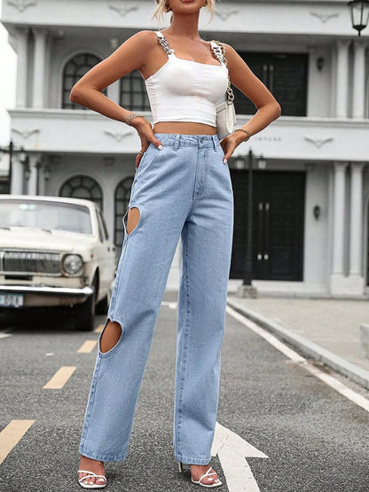 Women's Washed Hole Streetwear Loose High Waist Casual Straight Leg Denim Fashion 2025 Jeans