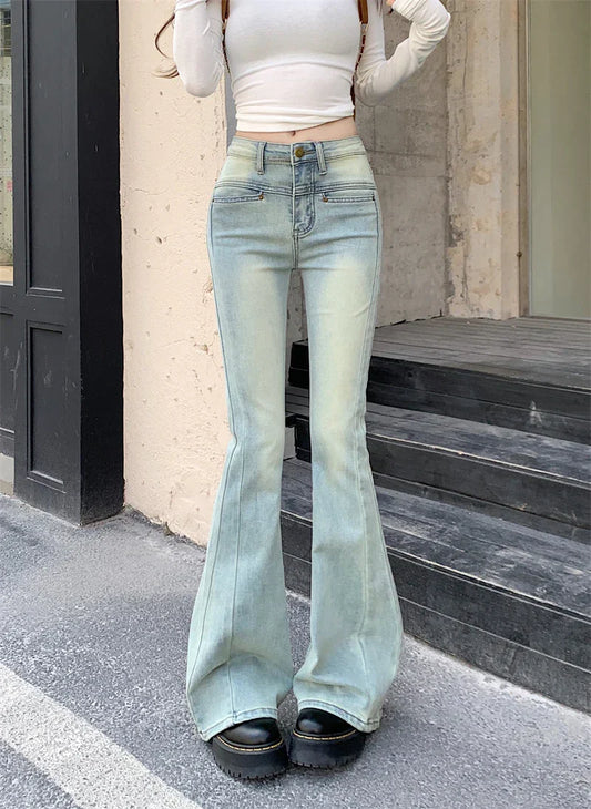 Blue Flare Women's Street Low Waist Girls Stretch Slim Denim Long Jeans