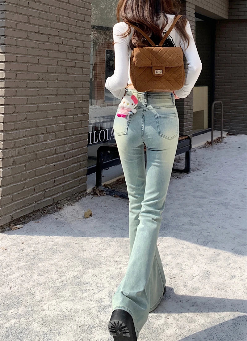 Blue Flare Women's Street Low Waist Girls Stretch Slim Denim Long Jeans