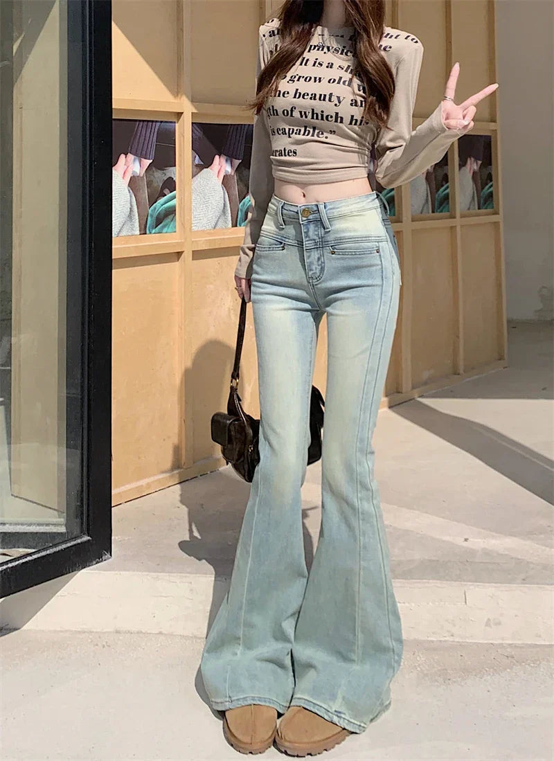 Blue Flare Women's Street Low Waist Girls Stretch Slim Denim Long Jeans