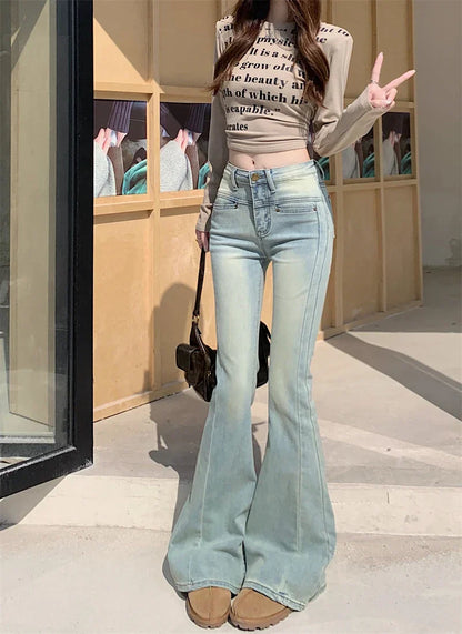 Blue Flare Women's Street Low Waist Girls Stretch Slim Denim Long Jeans