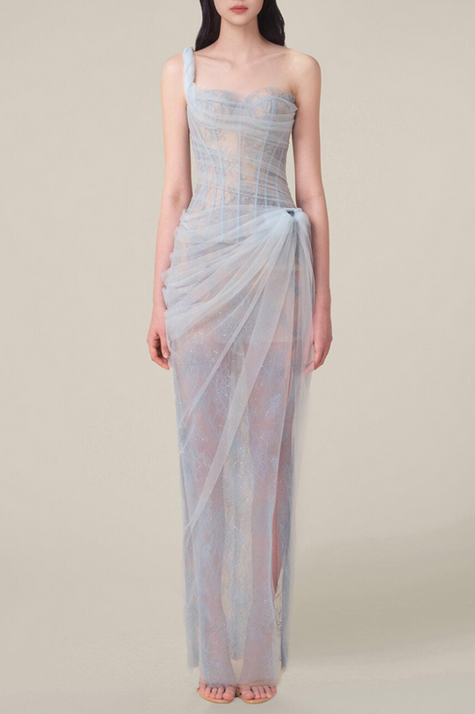 Vestido largo Bertille de un solo hombro en azul
