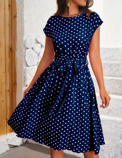 Women's Charming Flowing Maxi Dress with Vintage Polka Dot Pattern