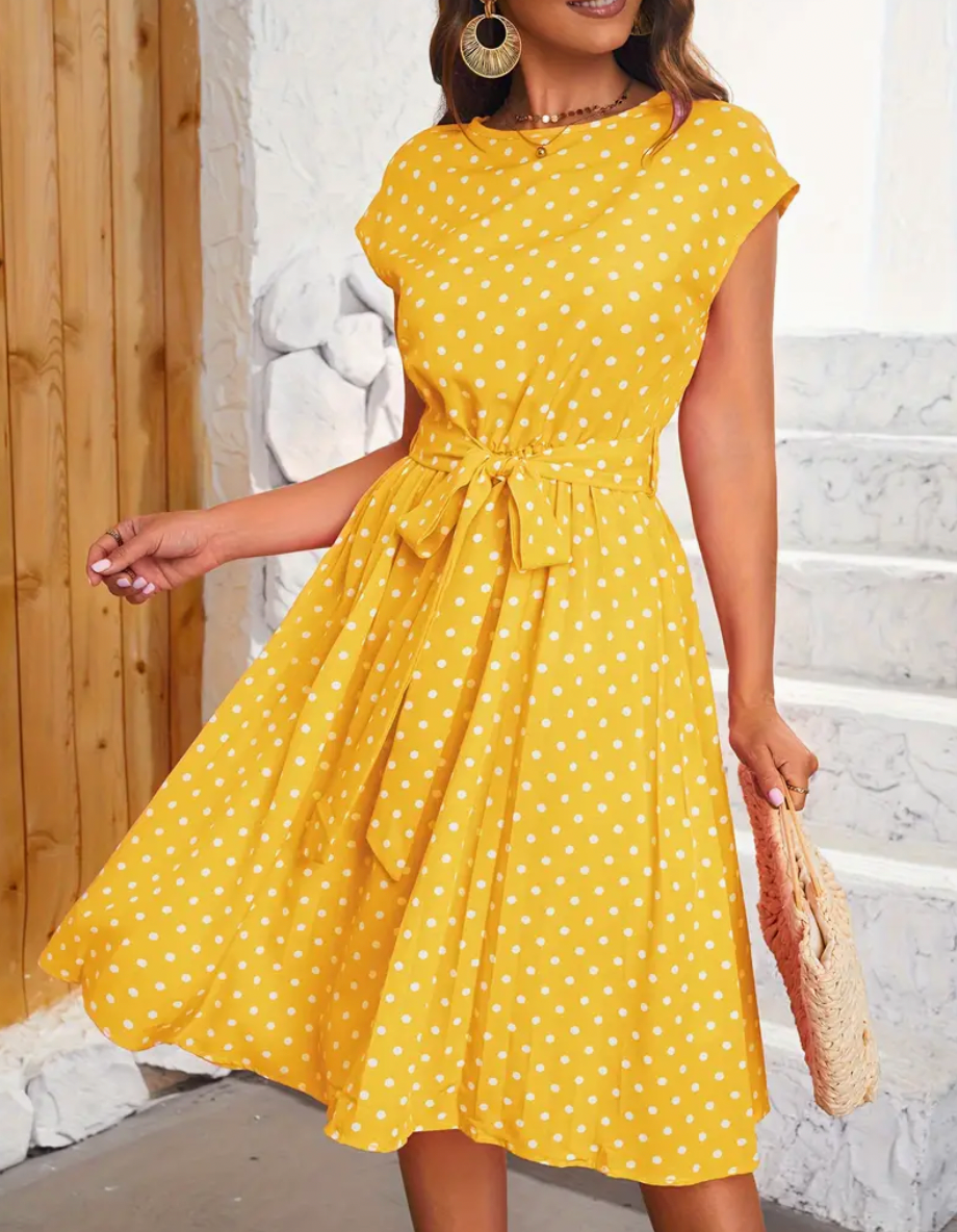 Women's Charming Flowing Maxi Dress with Vintage Polka Dot Pattern