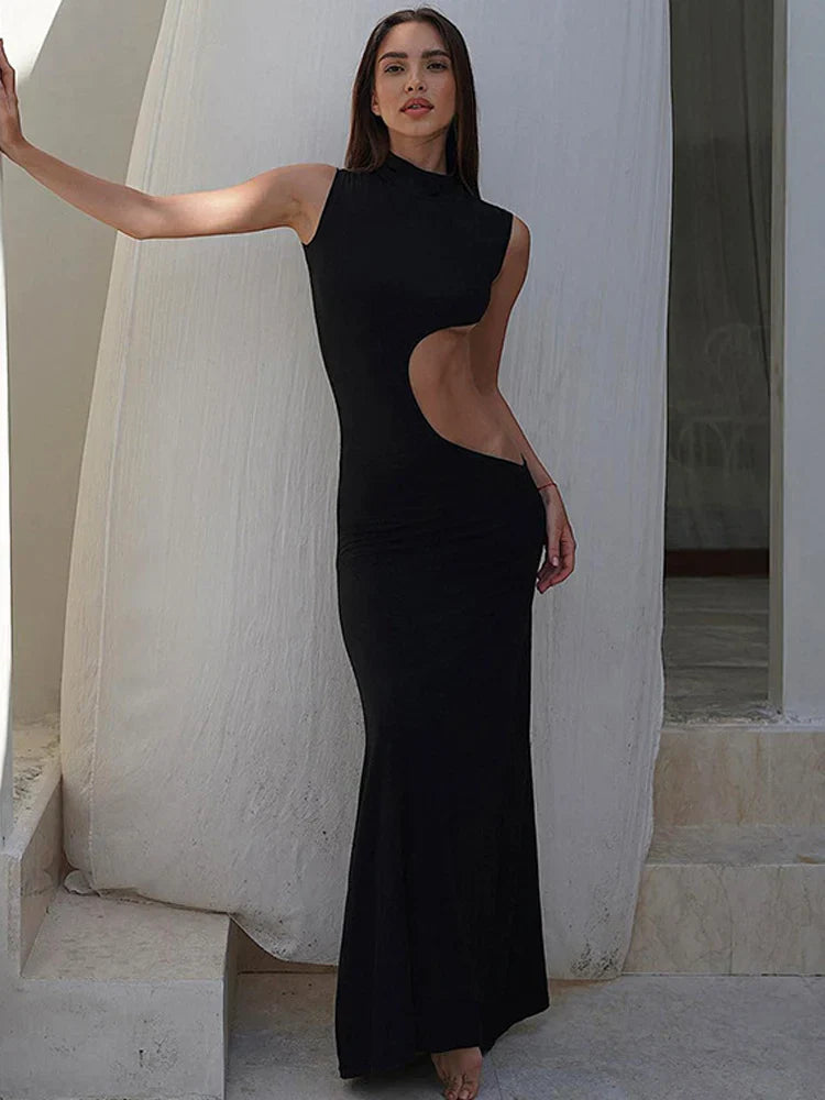 Hollow Out Sexy Sleeveless High Waist Bodycon Elegant Fashion Evening Party Maxi Dresses