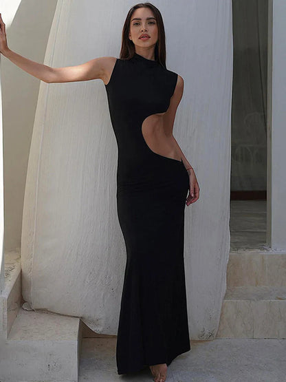 Hollow Out Sexy Sleeveless High Waist Bodycon Elegant Fashion Evening Party Maxi Dresses