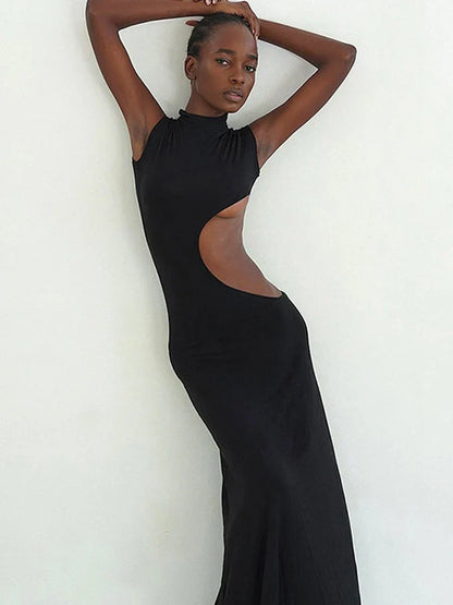 Hollow Out Sexy Sleeveless High Waist Bodycon Elegant Fashion Evening Party Maxi Dresses