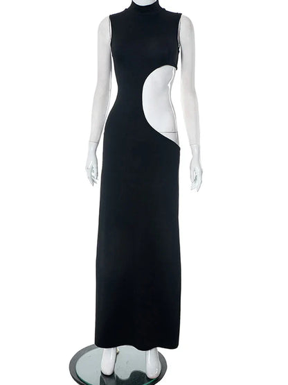 Hollow Out Sexy Sleeveless High Waist Bodycon Elegant Fashion Evening Party Maxi Dresses