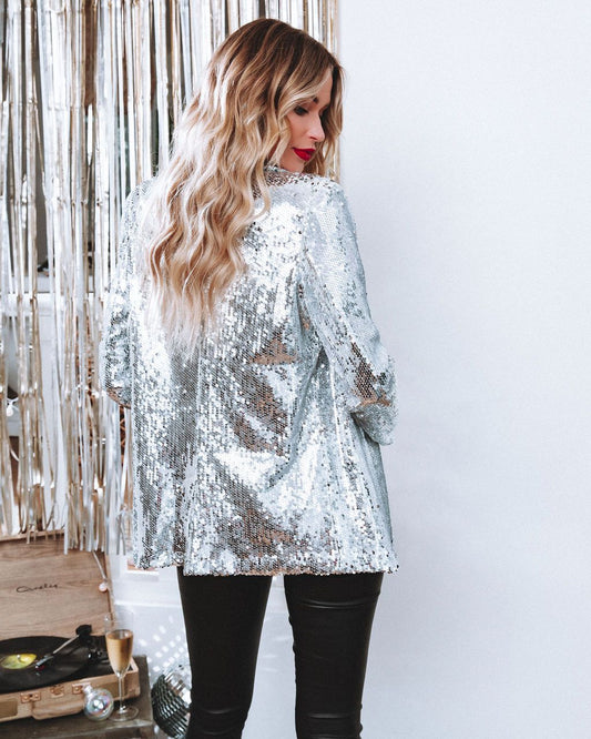 DressBetty - Black Sequin Shinny Shirt Coat
